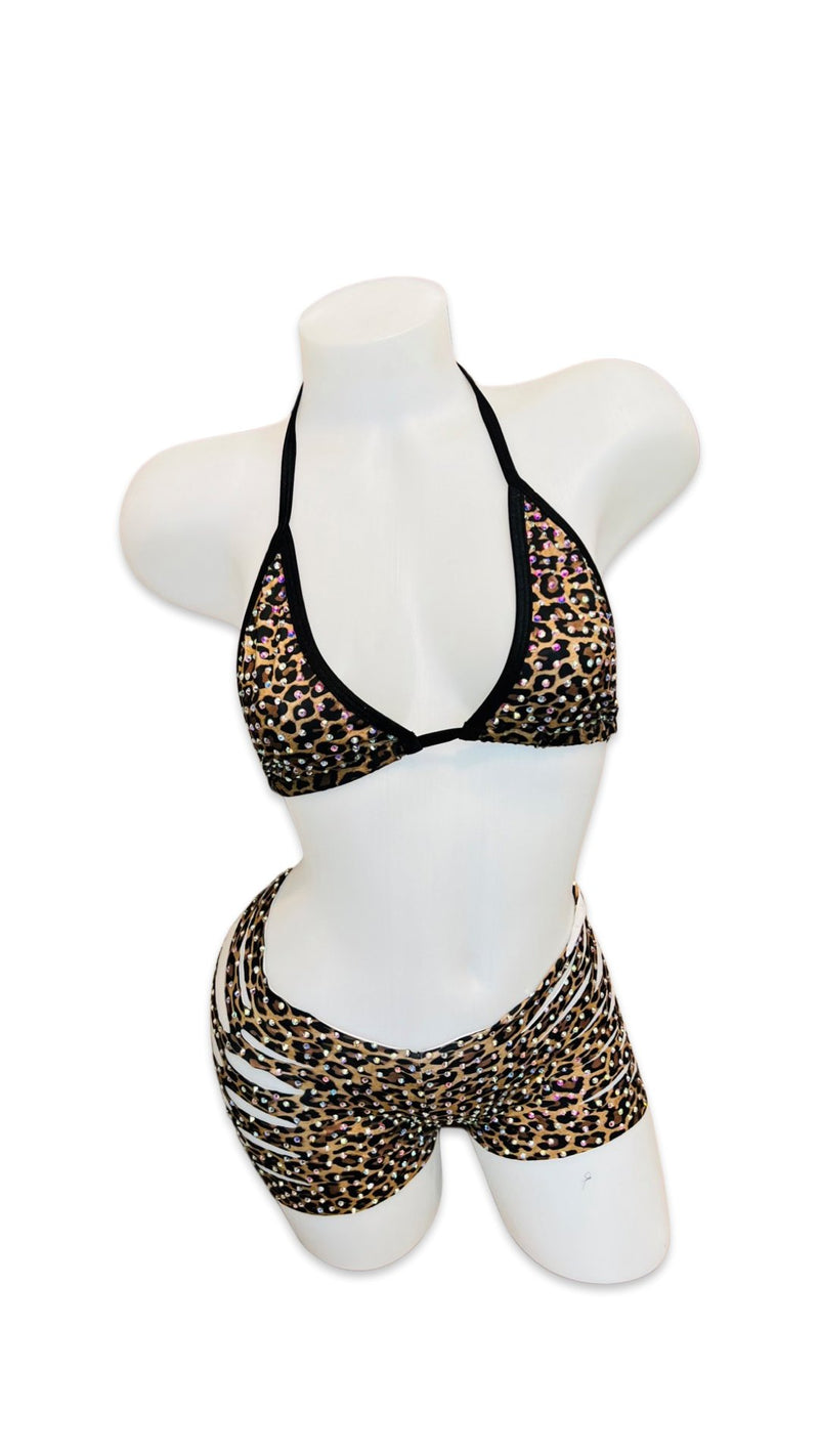 Rhinestone Triangle Top and Cut Out Short Set Leopard - Model Express VancouverBikini