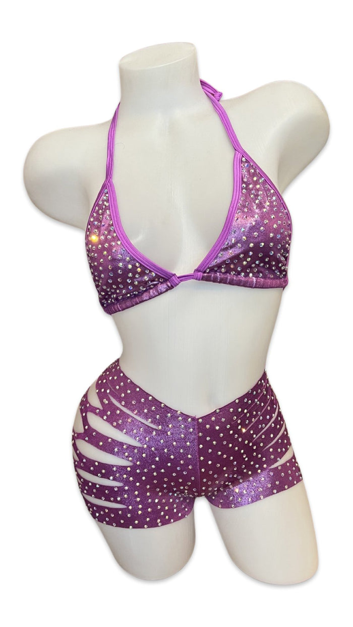 Rhinestone Triangle Top and Cut Out Short Set Metallic Purple - Model Express VancouverBikini