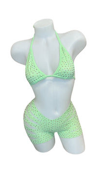 Rhinestone Triangle Top and Cut Out Short Set Mint - Model Express VancouverBikini