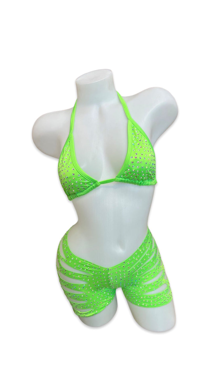Rhinestone Triangle Top and Cut Out Short Set Neon Green - Model Express VancouverBikini