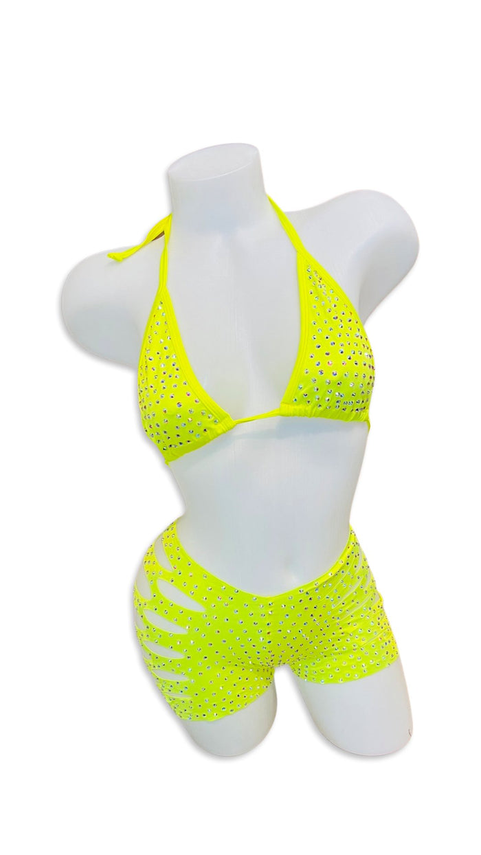 Rhinestone Triangle Top and Cut Out Short Set Neon Yellow - Model Express VancouverBikini