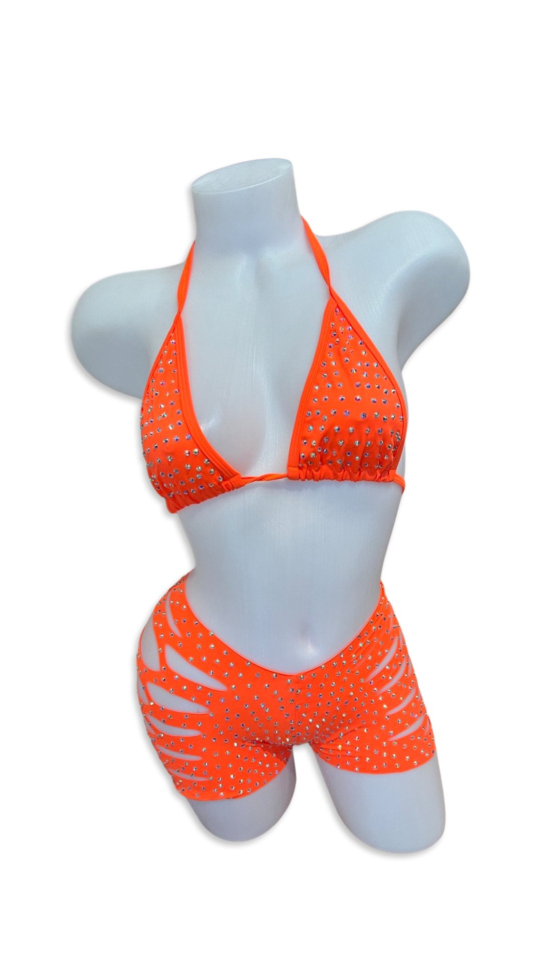 Rhinestone Triangle Top and Cut Out Short Set Orange - Model Express VancouverBikini