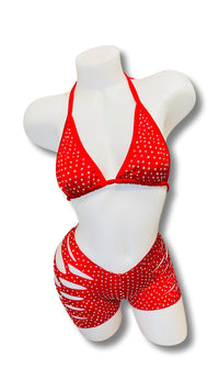 Rhinestone Triangle Top and Cut Out Short Set Red - Model Express VancouverBikini