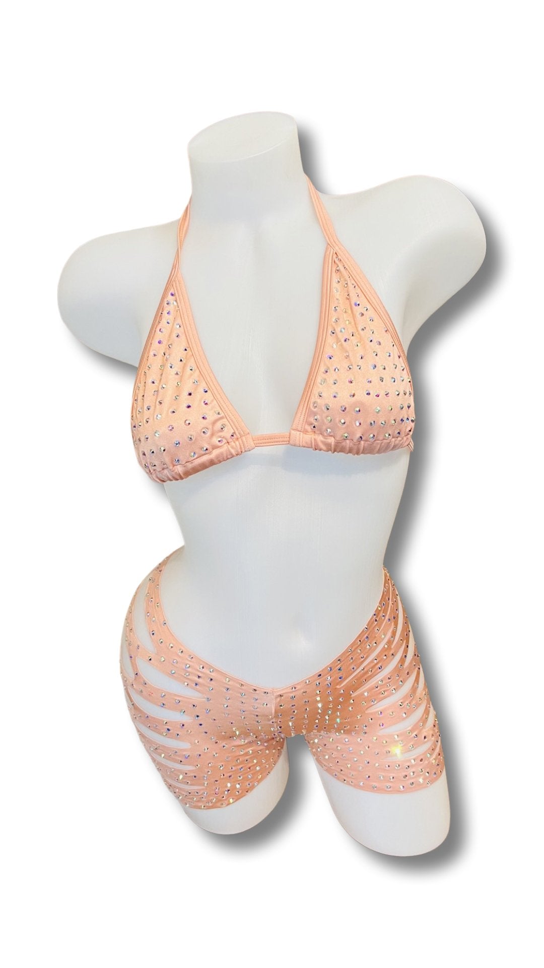 Rhinestone Triangle Top and Cut Out Short Set Rose PInk - Model Express VancouverBikini