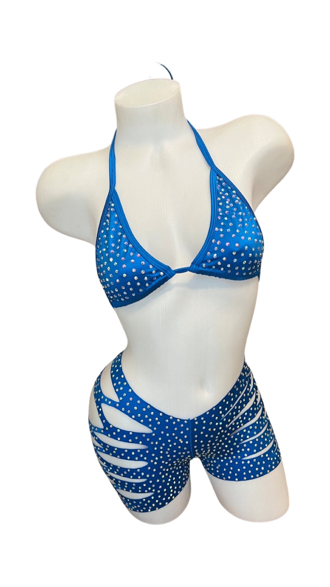 Rhinestone Triangle Top and Cut Out Short Set Royal Blue - Model Express VancouverBikini
