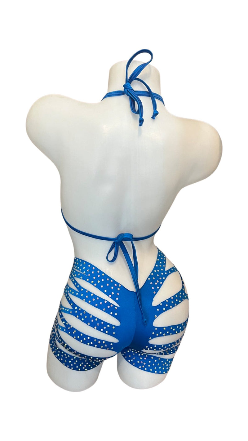 Rhinestone Triangle Top and Cut Out Short Set Royal Blue - Model Express VancouverBikini