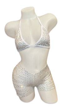 Rhinestone Triangle Top and Cut Out Short Set Silver - Model Express VancouverBikini