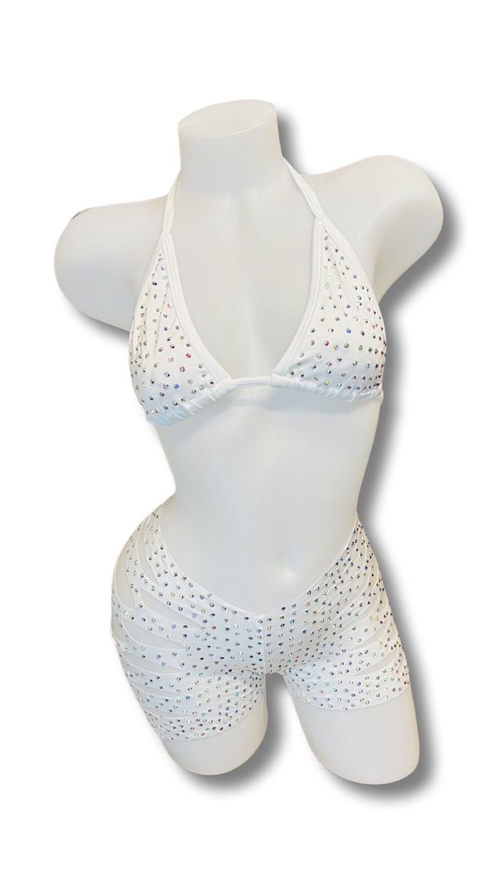 Rhinestone Triangle Top and Cut Out Short Set White - Model Express VancouverBikini