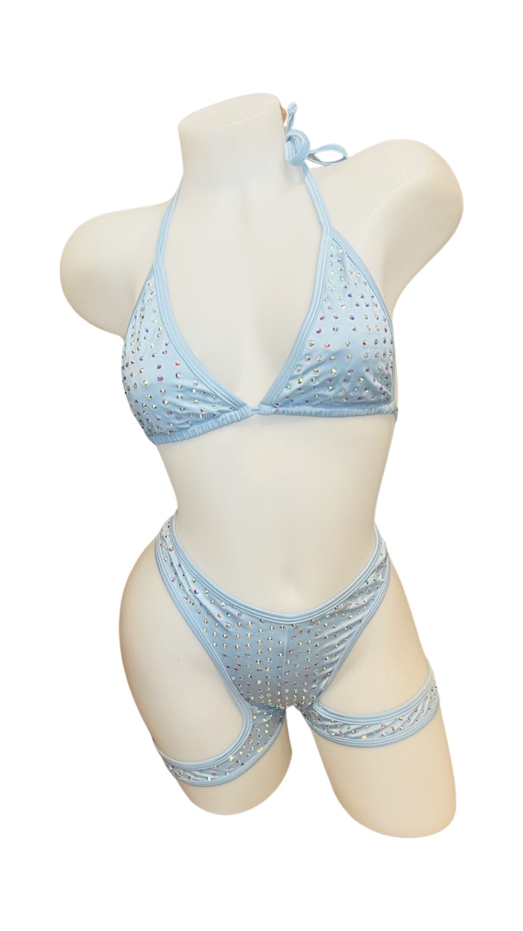 Rhinestone Triangle Top Booty Garter Shorts Baby Blue - Model Express VancouverBikini