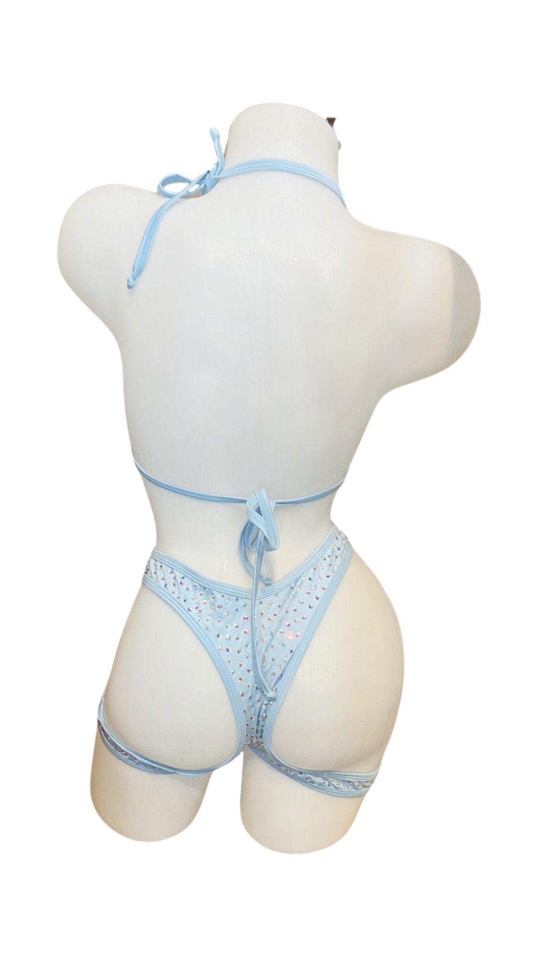 Rhinestone Triangle Top Booty Garter Shorts Baby Blue - Model Express VancouverBikini