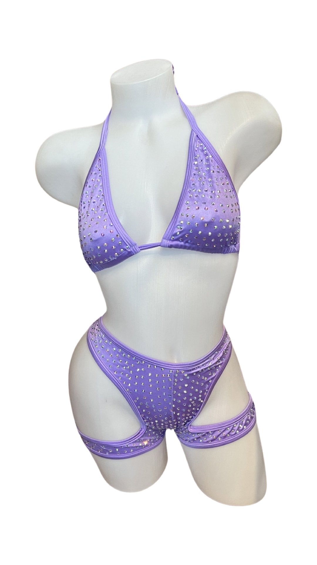 Rhinestone Triangle Top Booty Garter Shorts Lavender - Model Express VancouverBikini