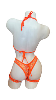 Rhinestone Triangle Top Booty Garter Shorts Metallic Orange - Model Express VancouverBikini