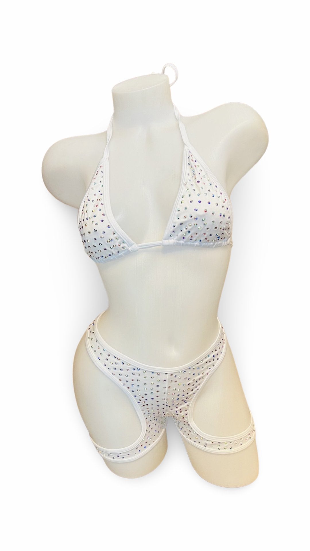 Rhinestone Triangle Top Booty Garter White - Model Express VancouverBikini