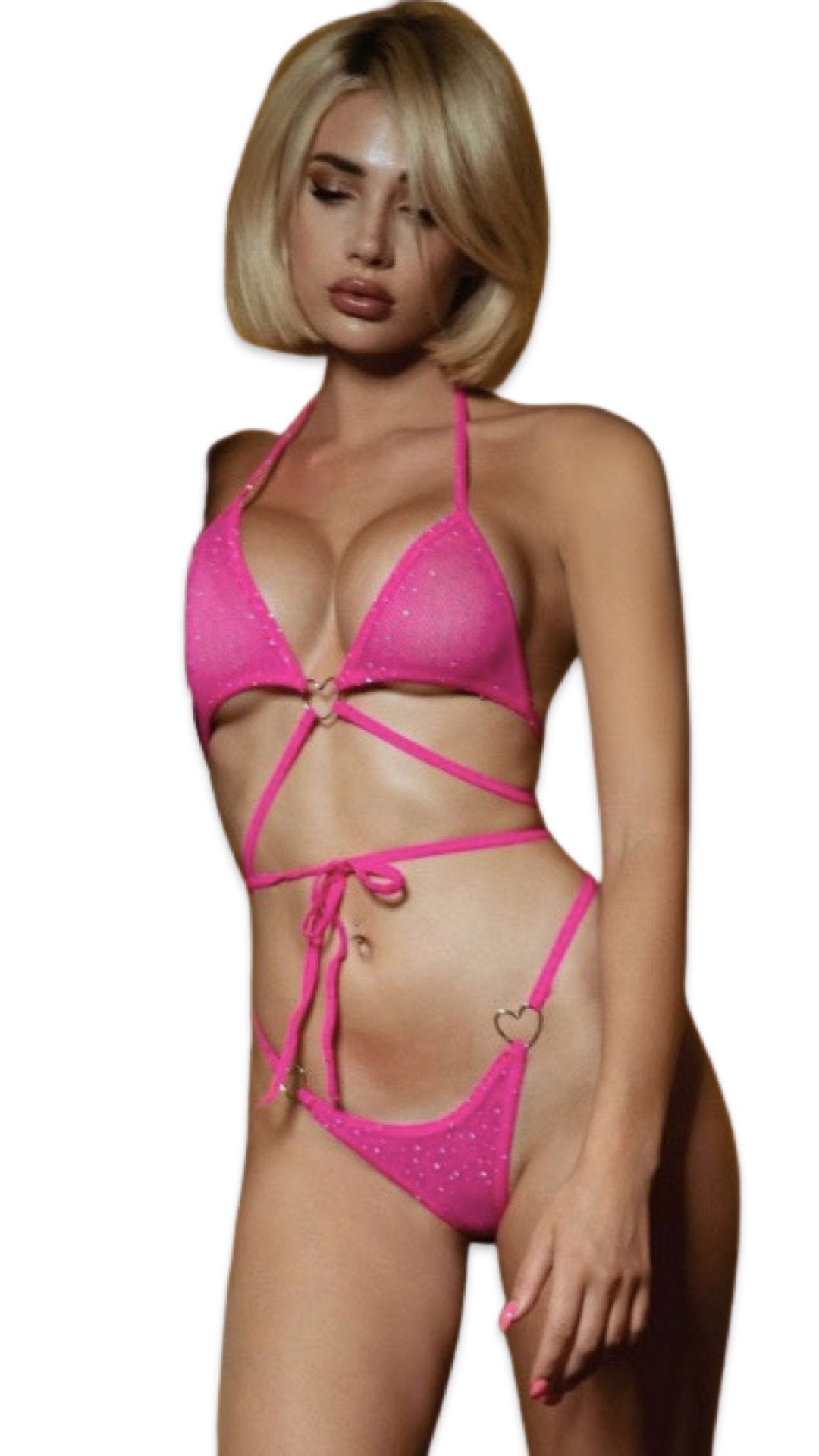 Rhinestone Two Piece Heart Bikini Neon Pink - Model Express VancouverLingerie