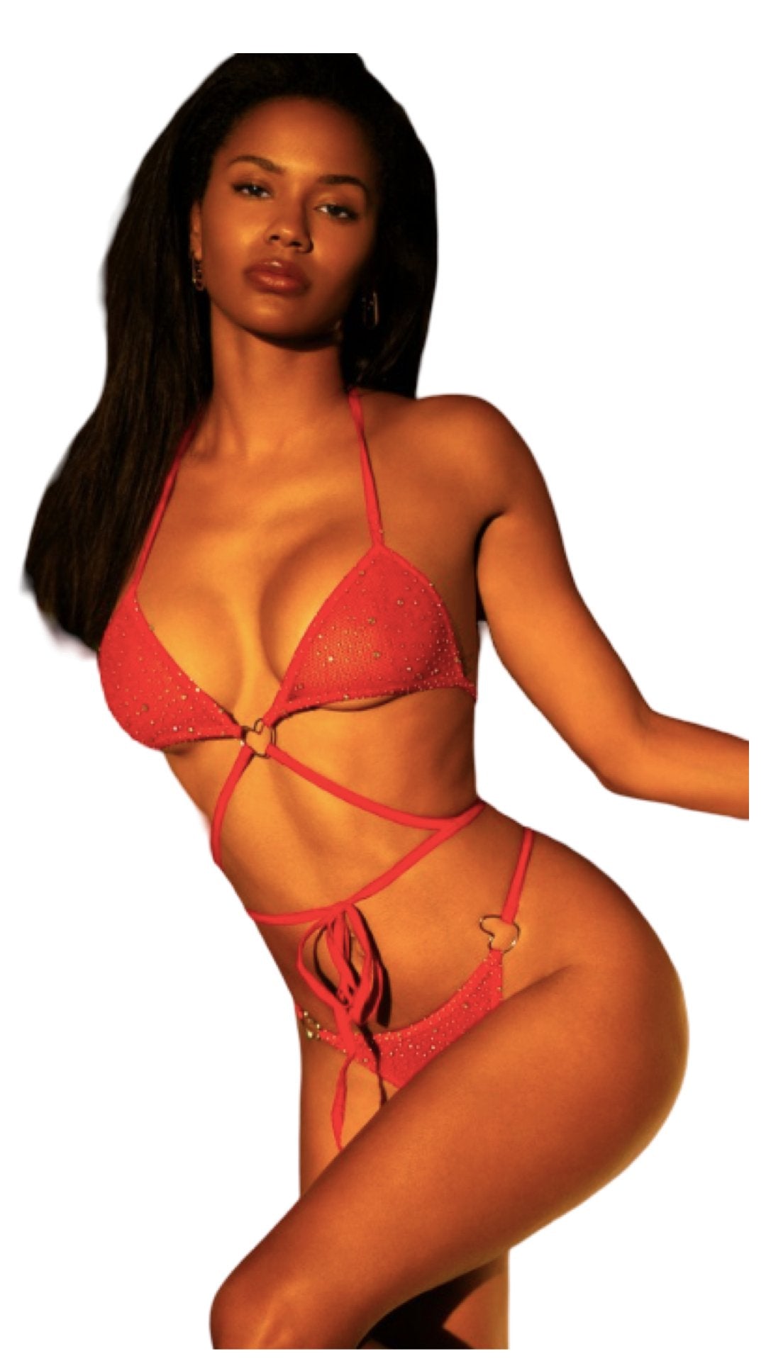 Rhinestone Two Piece Heart Bikini Red - Model Express VancouverLingerie