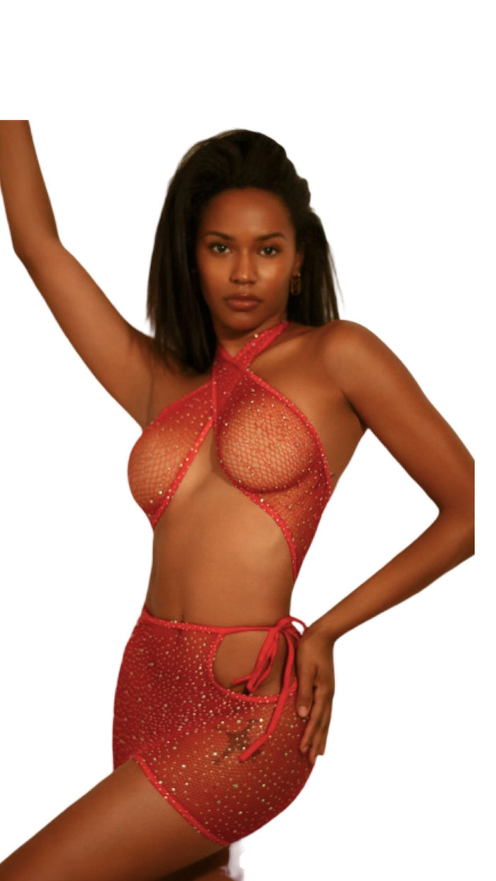 Rhinestone Wrap Around Two Piece with Thong Red - Model Express VancouverLingerie