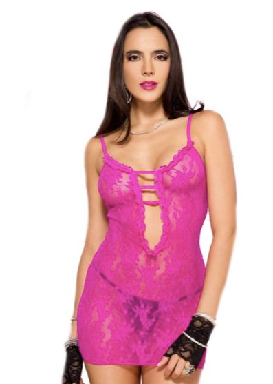 Ruffle Trim Deep-V Lace Chemise Fuchsia - Model Express VancouverLingerie