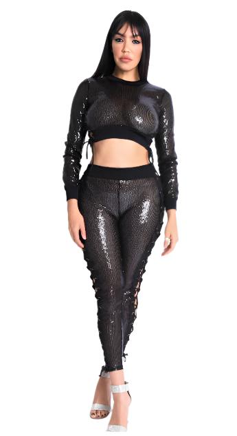 Sequins Top and Side Lace Pant Set Black - Model Express VancouverClothing