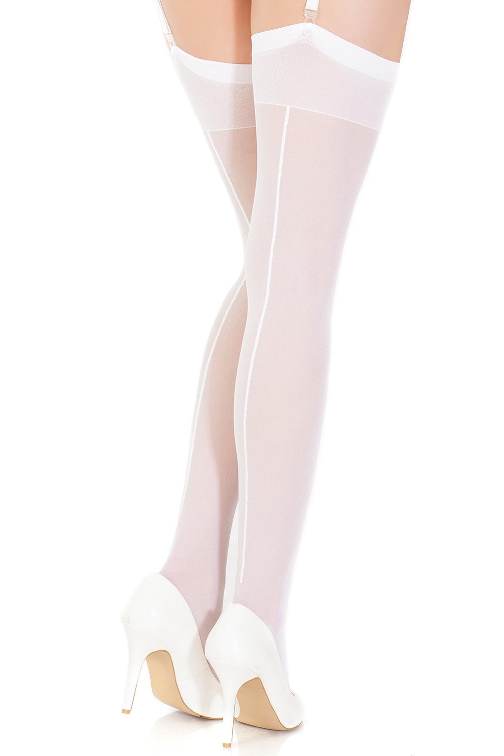 Sheer Back Seam Thigh High Stockings White - Model Express VancouverHosiery
