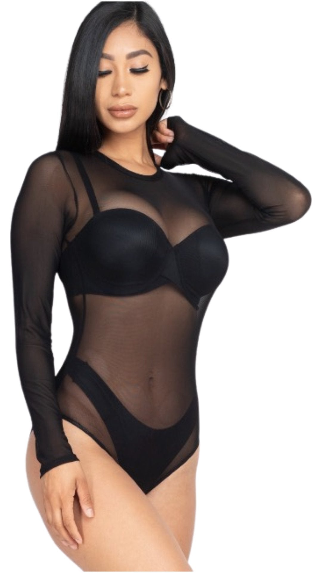 Sheer Long Sleeve Mesh Bodysuit - Black - Model Express VancouverClothing