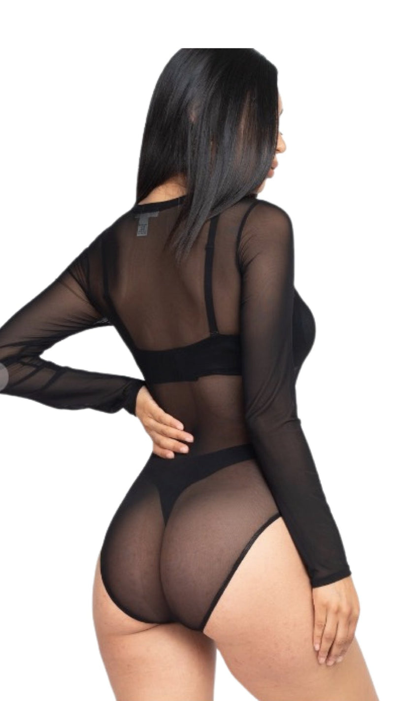 Sheer Long Sleeve Mesh Bodysuit - Black - Model Express VancouverClothing