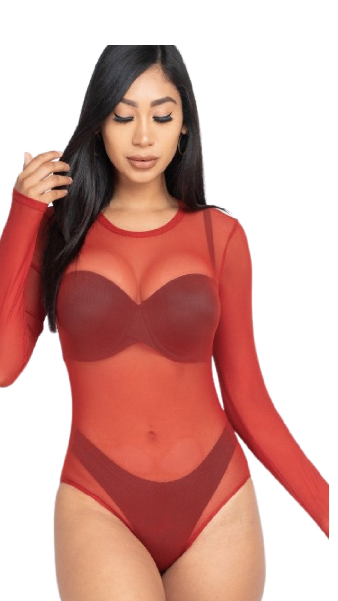 Sheer Long Sleeve Mesh Bodysuit - Orange - Model Express VancouverClothing