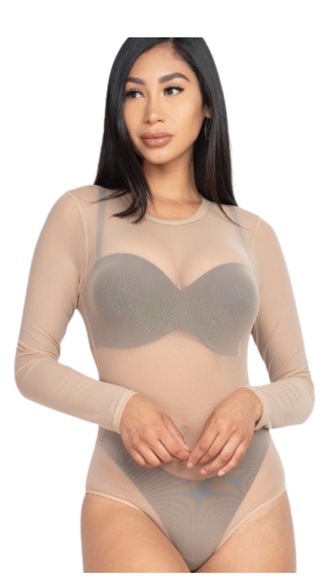 Sheer Long Sleeve Mesh Bodysuit - Tan - Model Express VancouverClothing