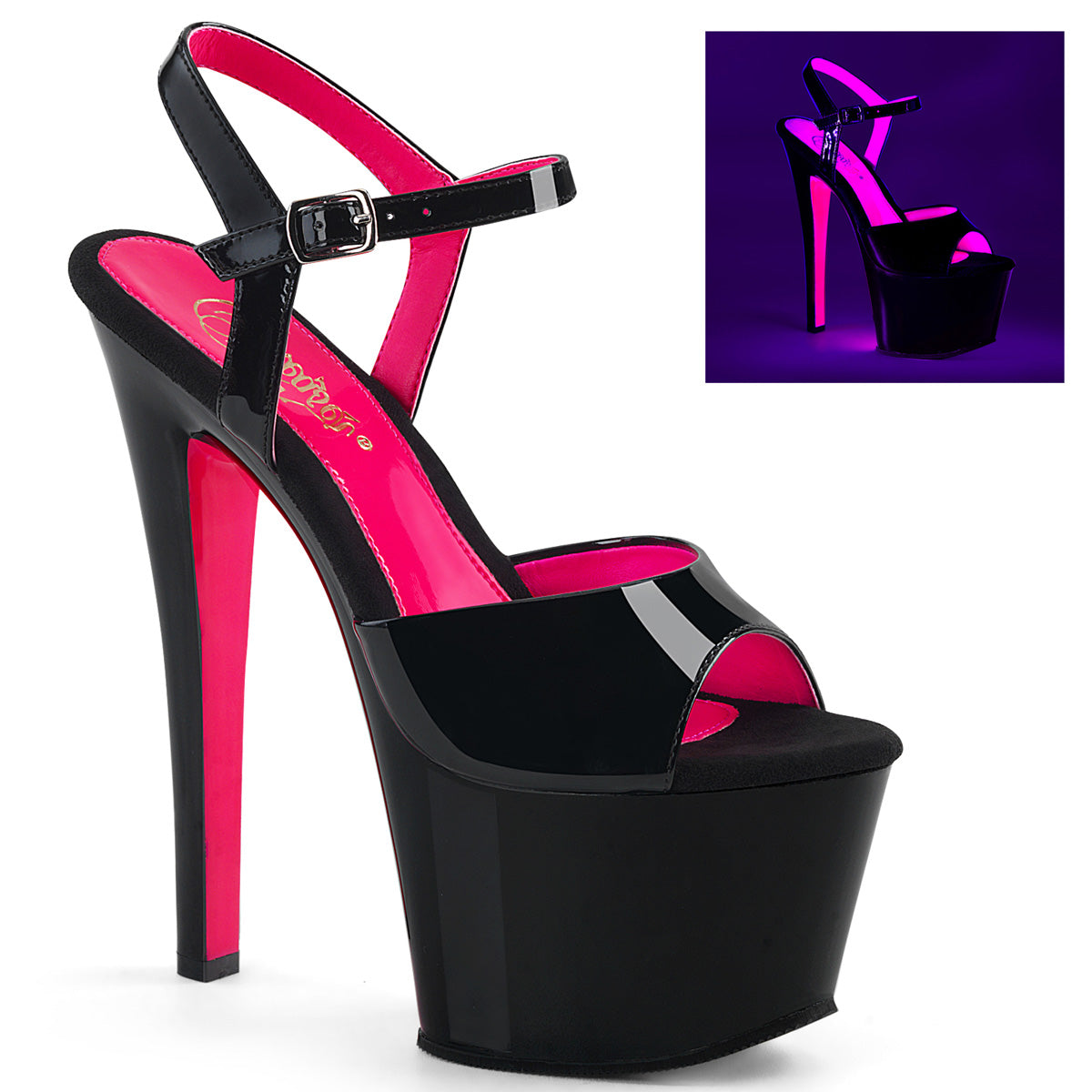 Pleasers Sky-309Tt - Blk Pat/Blk-Neon H. Pink