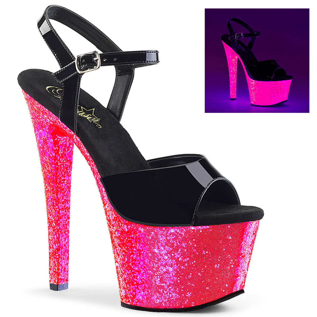 Pleasers Sky-309Uvlg - Blk Pat/Neon H. Pink Glitter