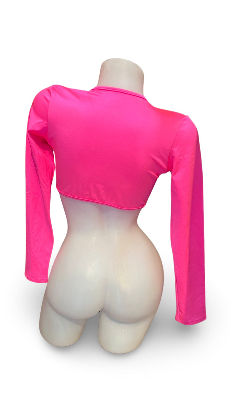 Sleeved Front Tie Crop Top Solid Pink - Model Express VancouverClothing