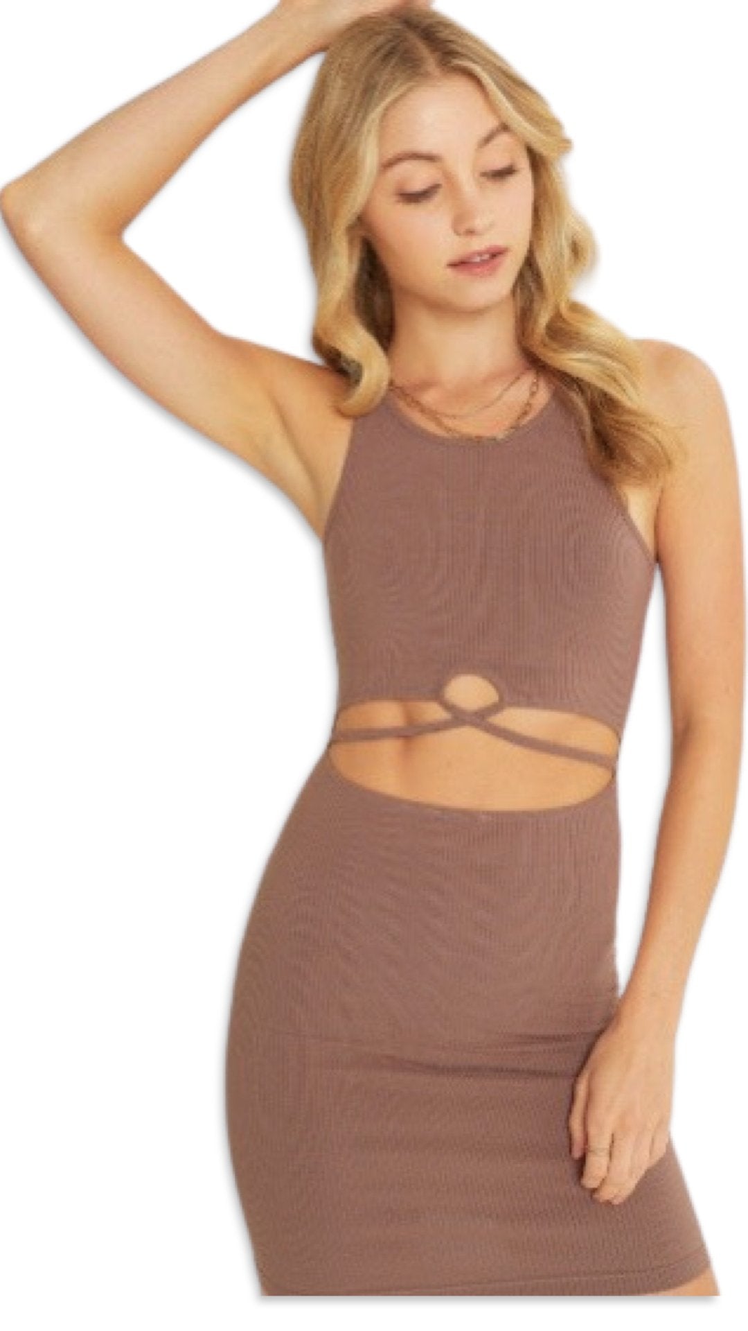 Sleeveless Front Loop Dress Brown - Model Express Vancouver