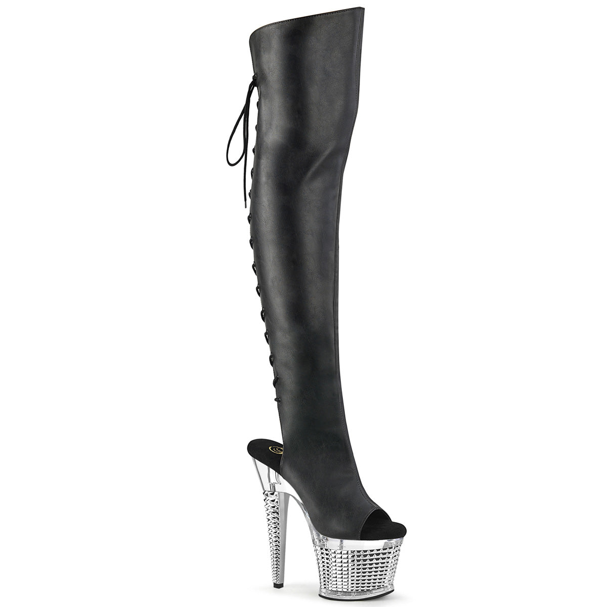 Pleasers Spectator-3019 - Blk Faxur Leather/Clr-Slv Chrome