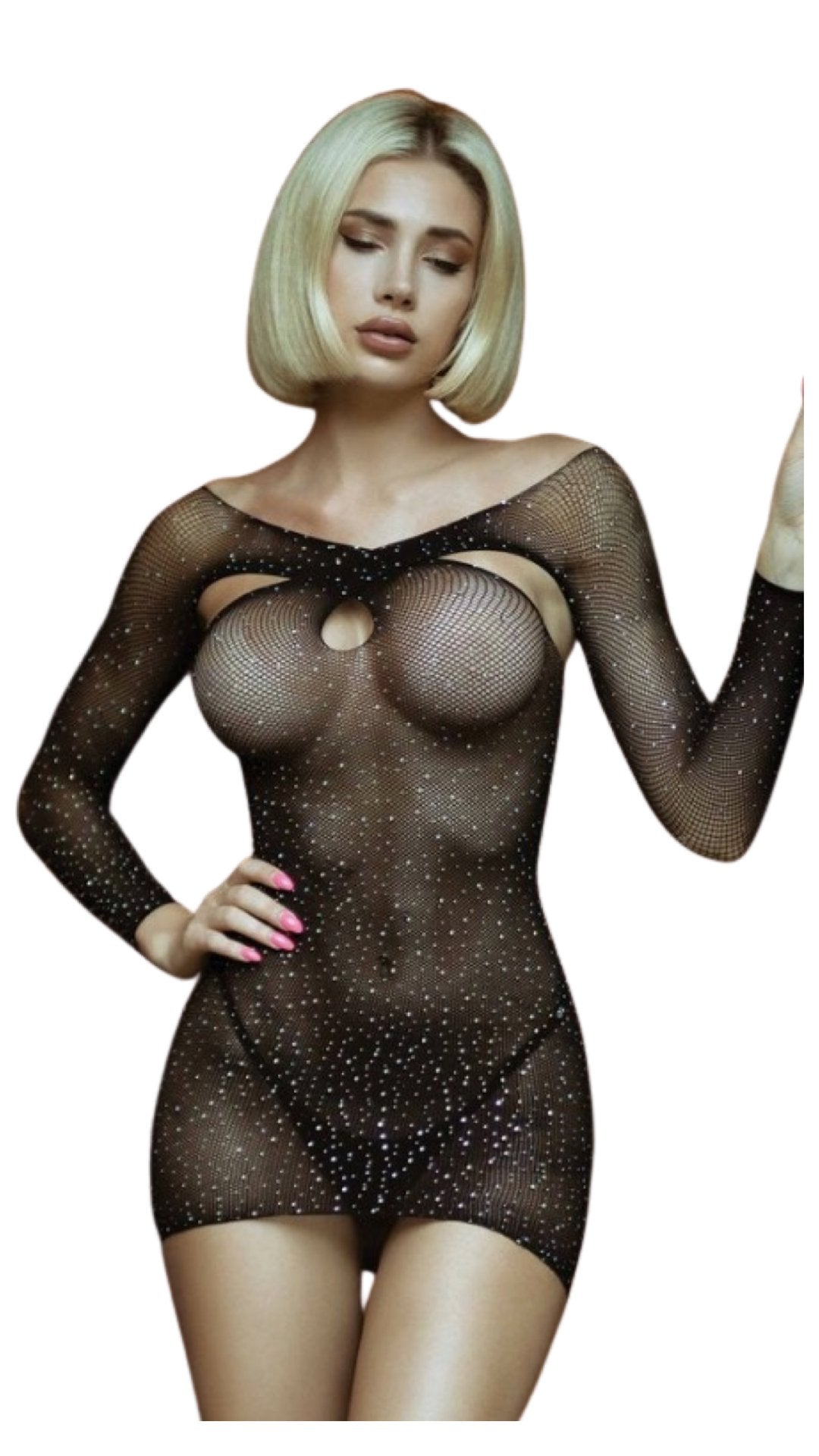 Star Rhinestone Fishnet Dress with Thong Black - Model Express VancouverLingerie