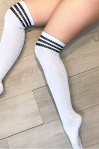 Stripe Thigh High Diamonte Socks - White/Black - Model Express VancouverHosiery