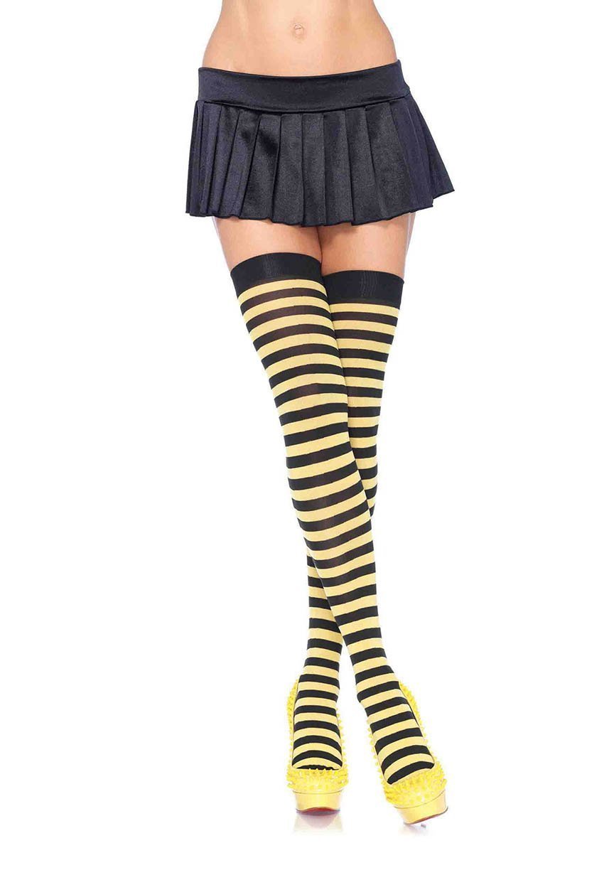 Striped Nylon Thigh Highs Black/Yellow - Model Express VancouverHosiery