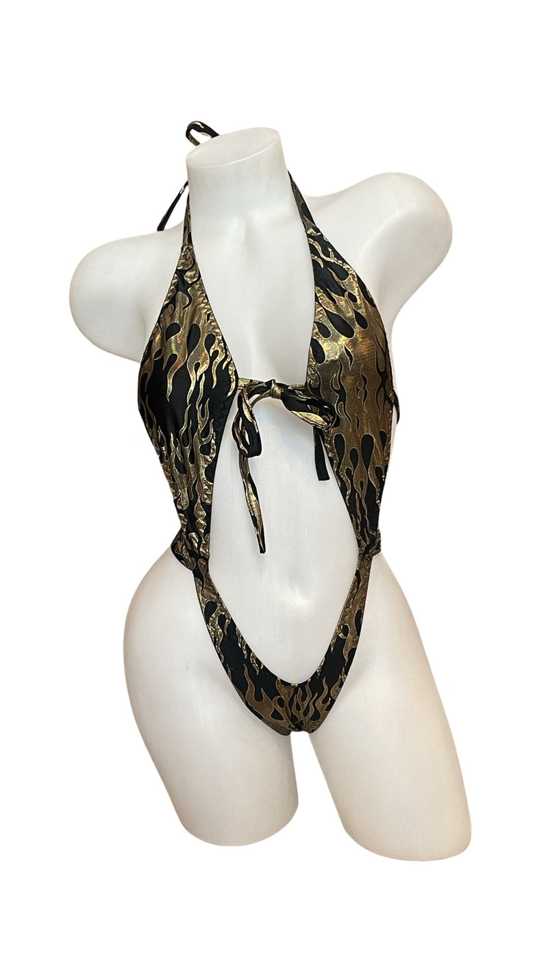 Suspender Front Tie Top & Thong Gold Flames - Model Express VancouverLingerie