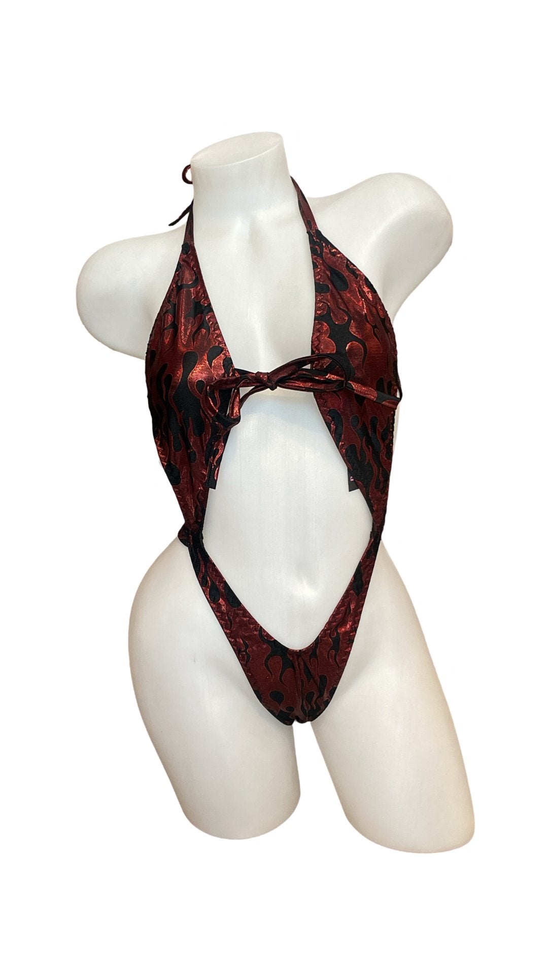 Suspender Front Tie Top & Thong Red Flames - Model Express VancouverLingerie