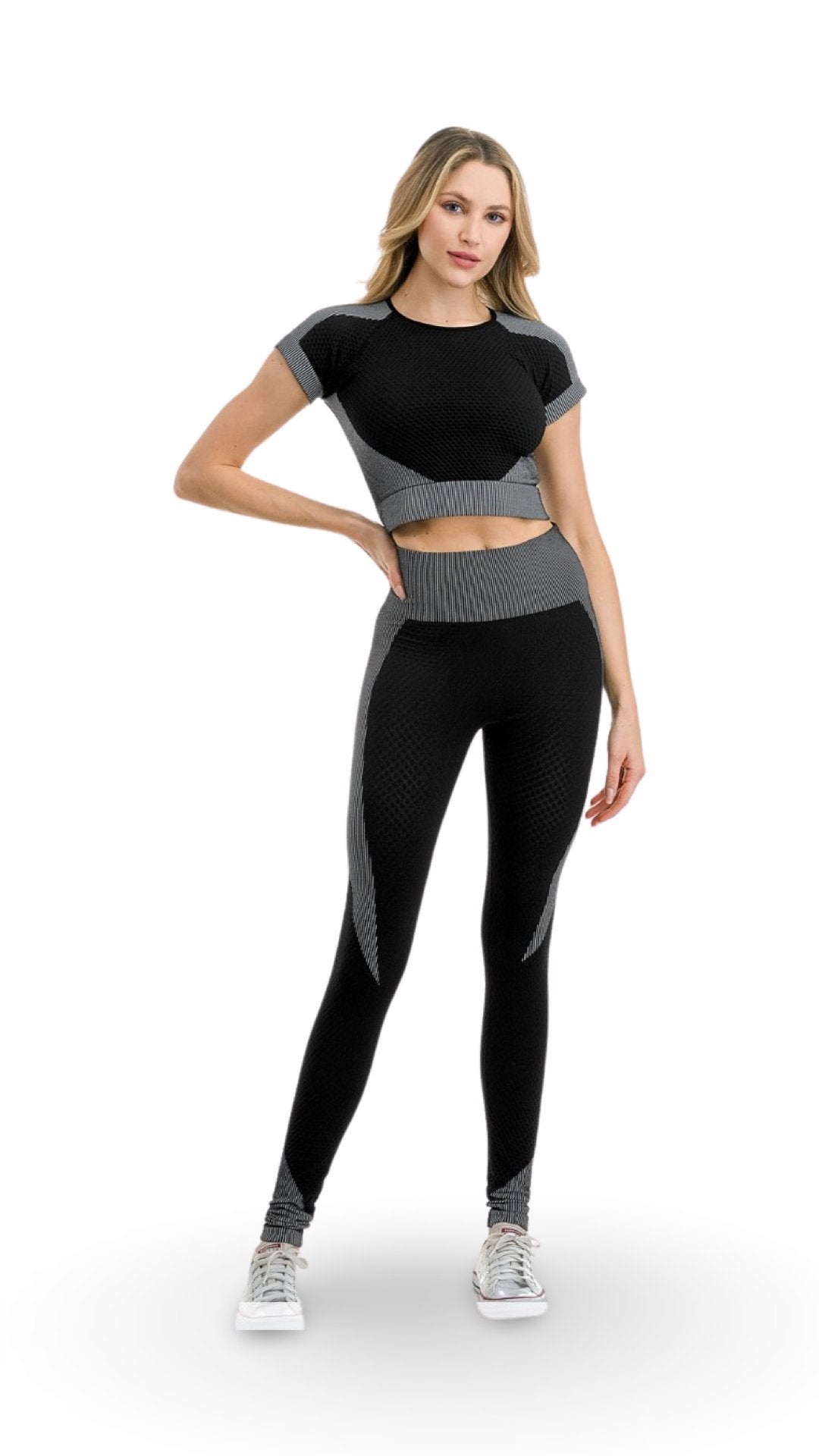 Textured Crop Top and Pants Set Black/Grey - Model Express Vancouver