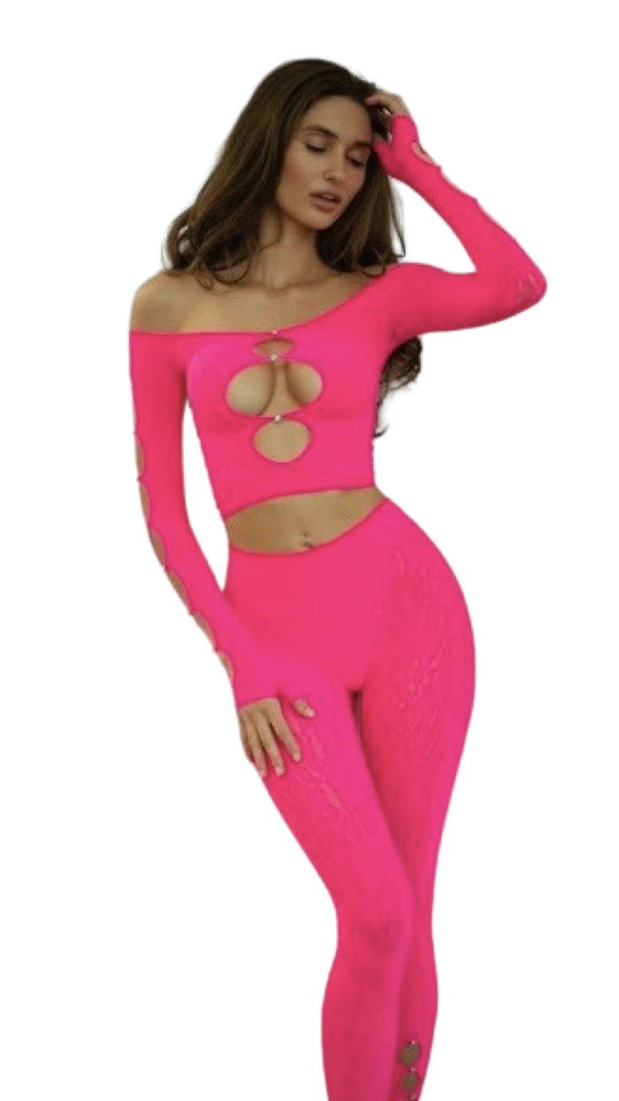 Two Piece Long Sleeve Top Set with Rhinestones Pink - Model Express VancouverLingerie