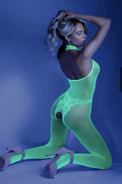 UV Glow Mesh and Lace Bodystocking Green - Model Express VancouverLingerie