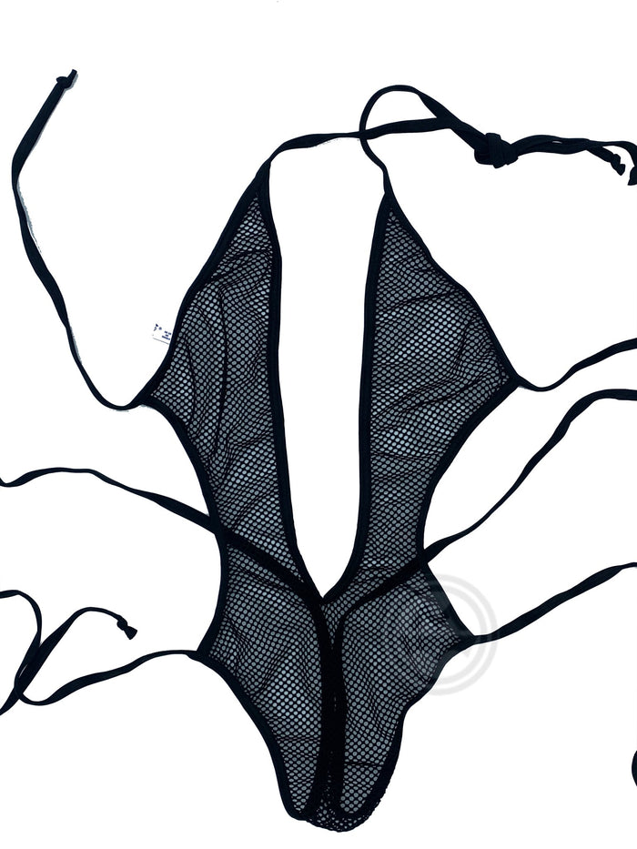 V-neck Fishnet Bodysuit with Ties - Black - Model Express VancouverLingerie