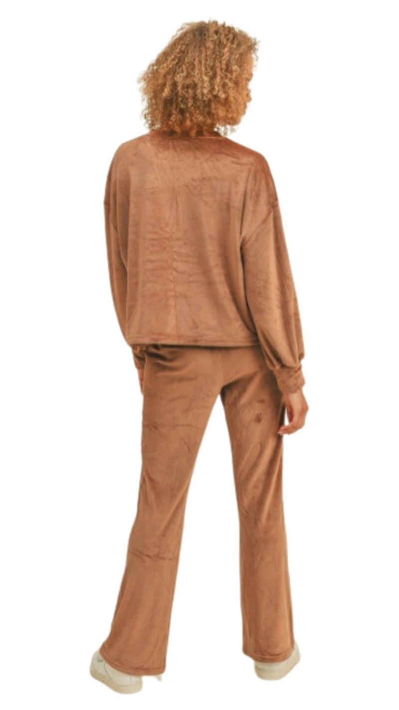 Velour Long Sleeve Top and High Waisted Pants - Coffee - Model Express Vancouver