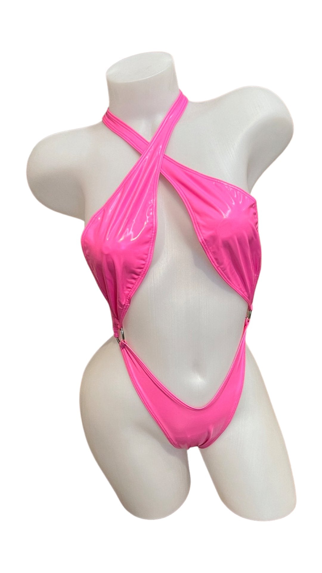 Vinyl Criss Cross Sling Shot - Hot Pink - Model Express VancouverLingerie