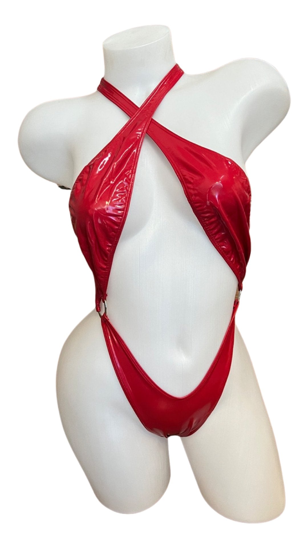 Vinyl Criss Cross Sling Shot - Red - Model Express VancouverLingerie