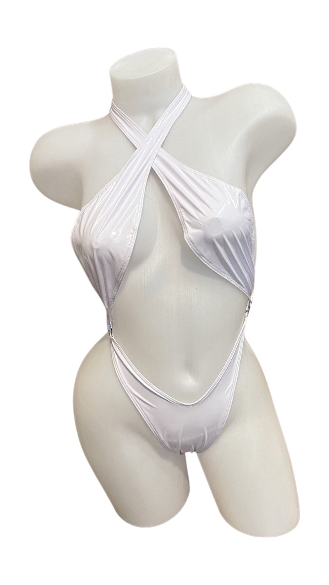 Vinyl Criss Cross Sling Shot - White - Model Express VancouverLingerie