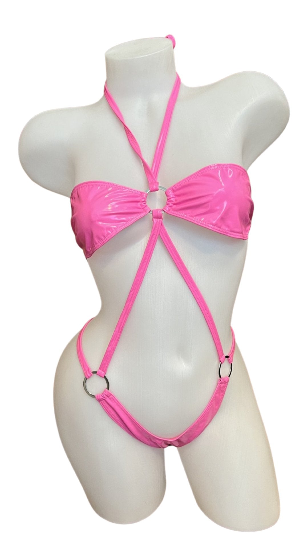 Vinyl Strappy Bodysuit Hot Pink - Model Express VancouverLingerie