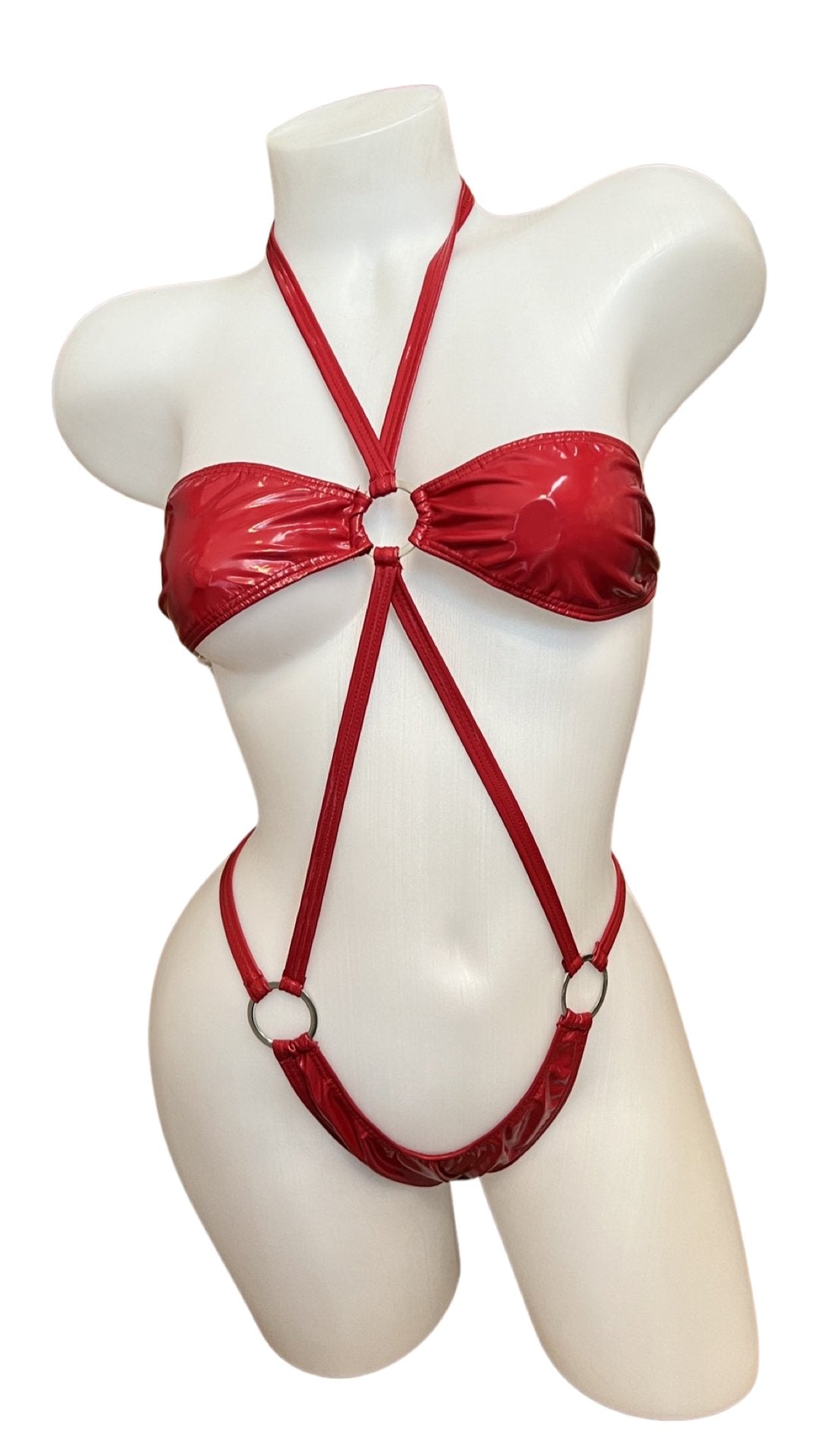 Vinyl Strappy Bodysuit Red - Model Express VancouverLingerie