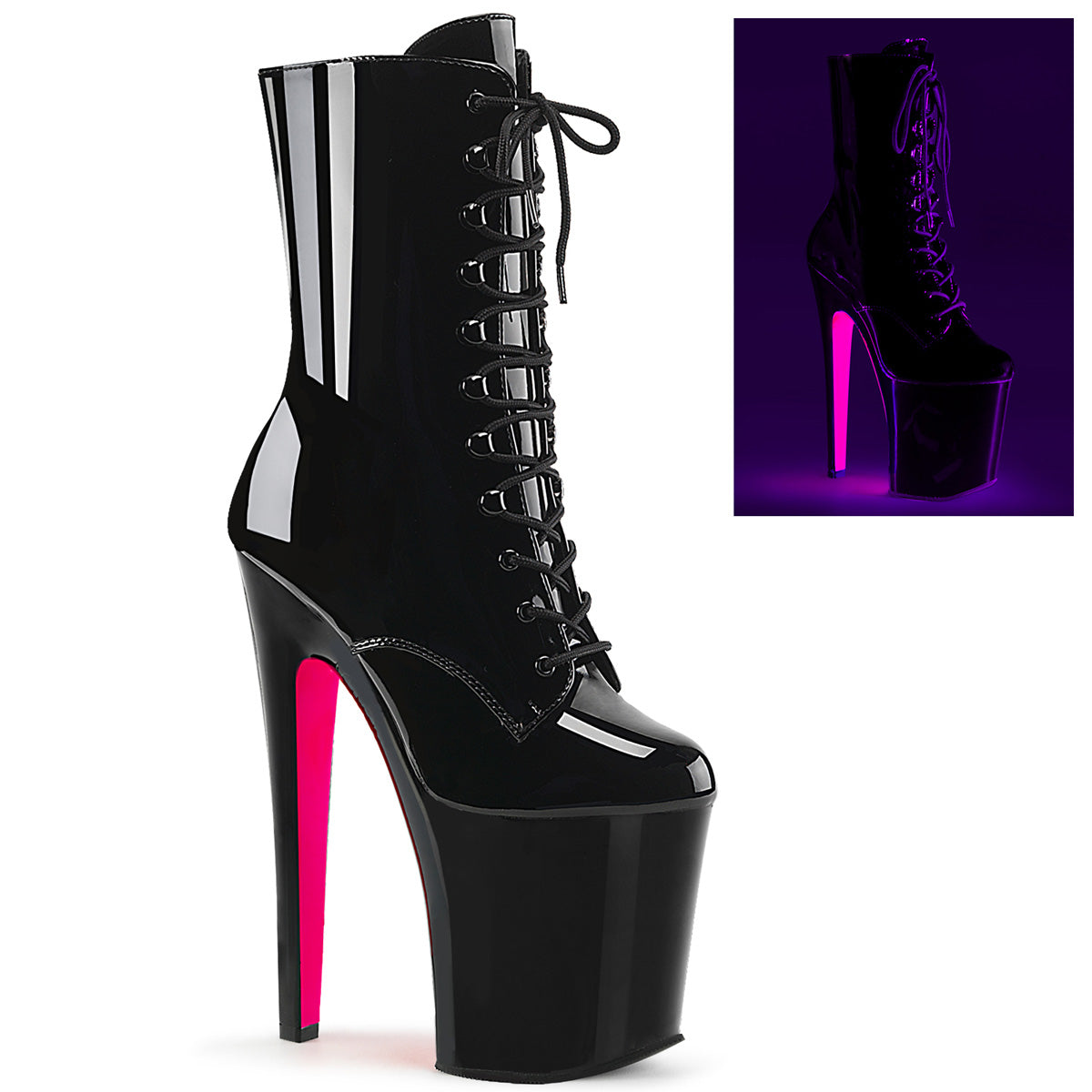 Pleasers Xtreme-1020Tt - Blk Pat/Blk-Neon H. Pink