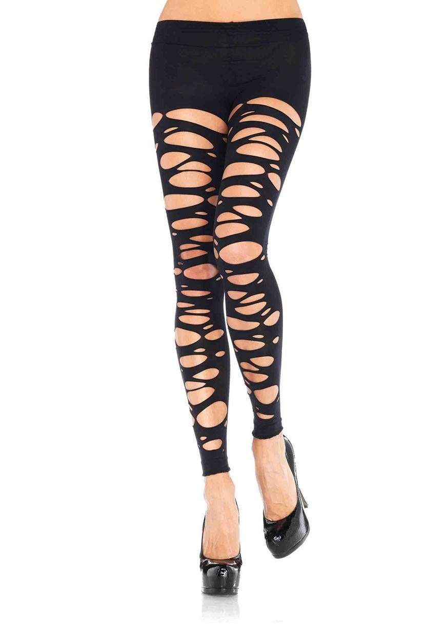 Black tattered footless tights by LA, hosiery with distressed, ripped design, perfect for edgy fashion styles.