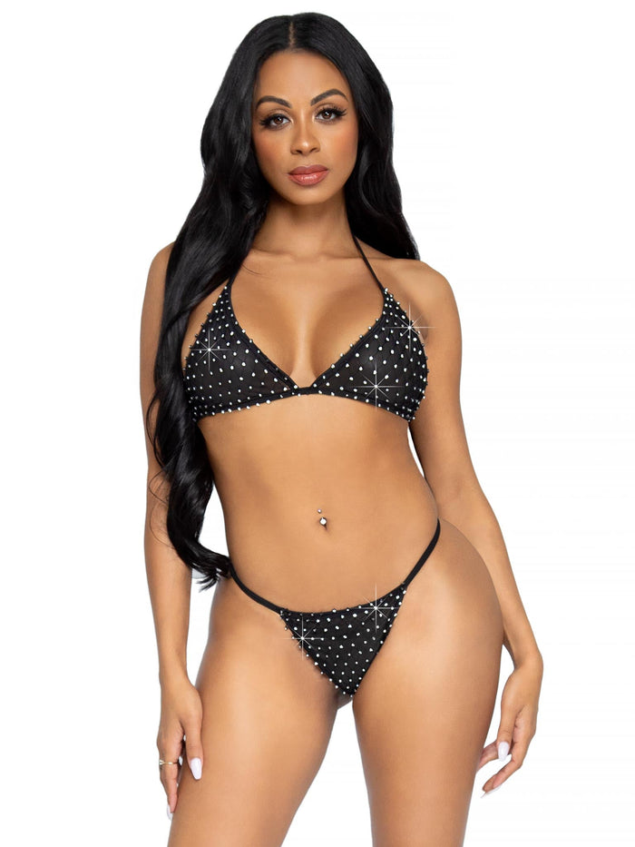 Mesh Rhinestone Bikini with Fishnet Overlay Black